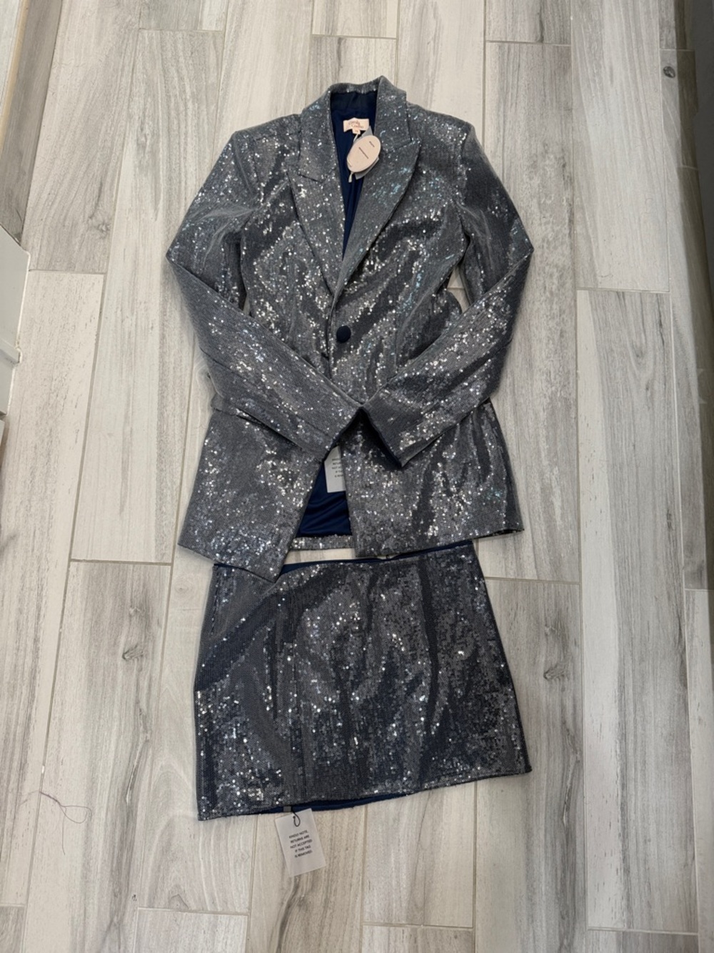 Camila Coelho Silver Sequin Blazer & Skirt Set